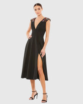 Black Beaded Cap Sleeve A Line Midi Dress